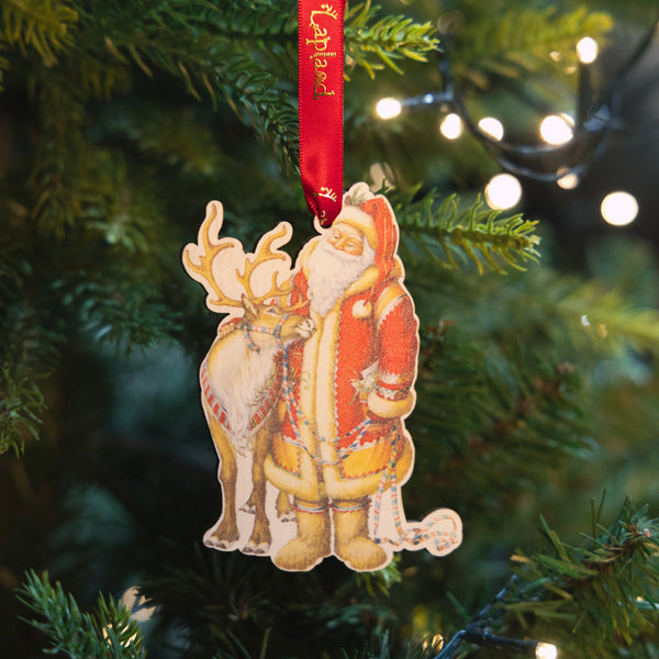 Wooden Tree Decoration Father Christmas with a Reindeer